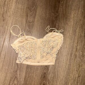 Elegant Beige Rhinestone Crop Top
